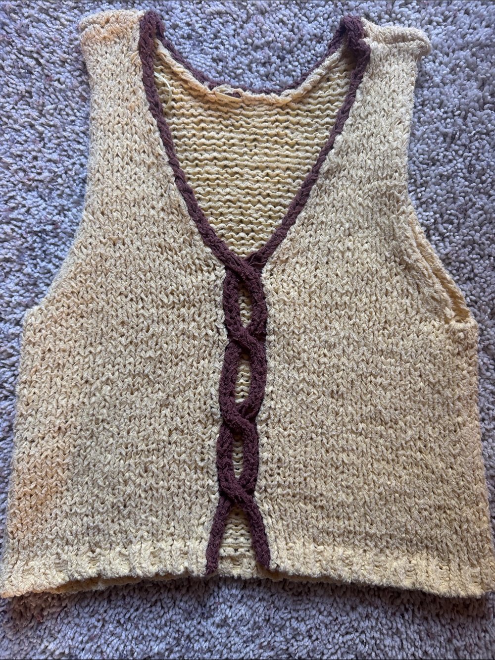 Free People Cream Knit Sleeveless V-Neck Tank with Brown Braided Trim